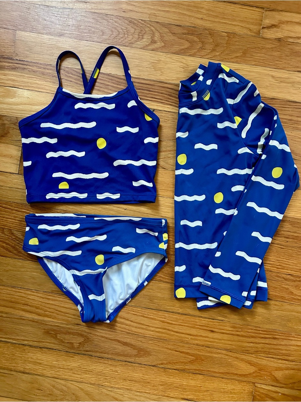 Hanna Andersson Blue w white waves + yellow dots Tankini set plus rash guard - 8